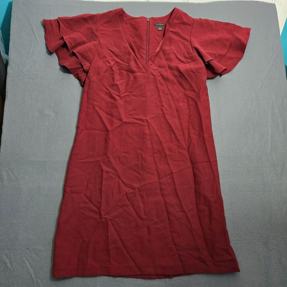 Ann Taylor Shift Dress Women 4 Red V Neck Zipper Back Short Flutter Sleeve